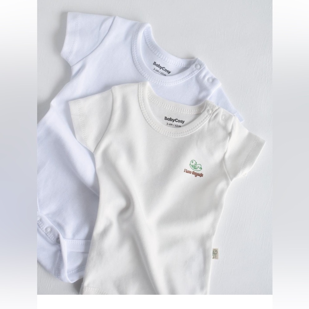 New 2 Pcs Short Sleeved Body/100% Organic Cotton/ White Color.
